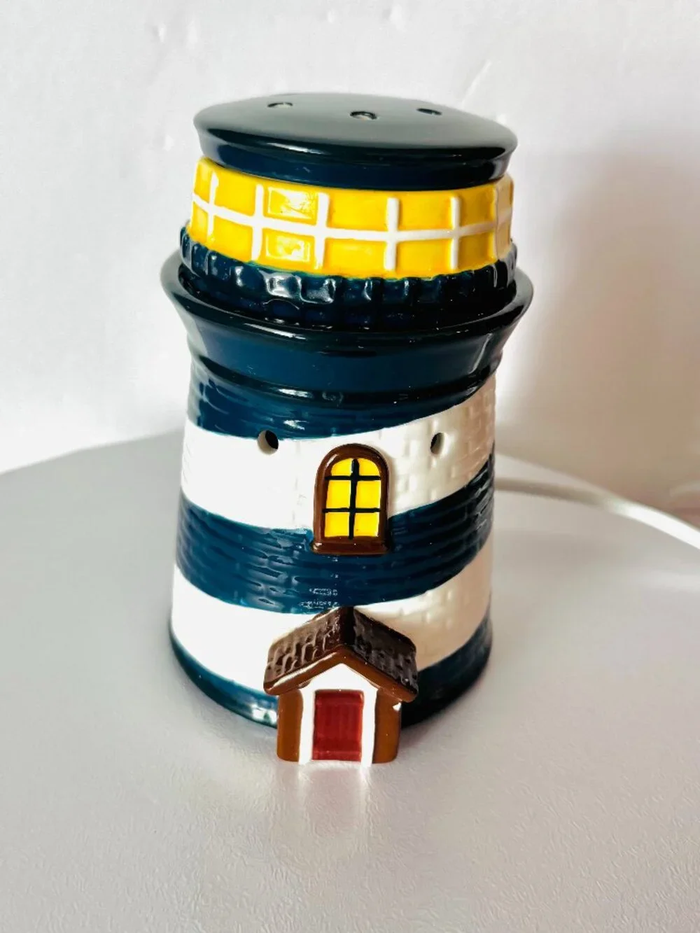 Retired Scentsy Nautical Lighthouse Blue White Ceramic Wax Warmer TESTED
